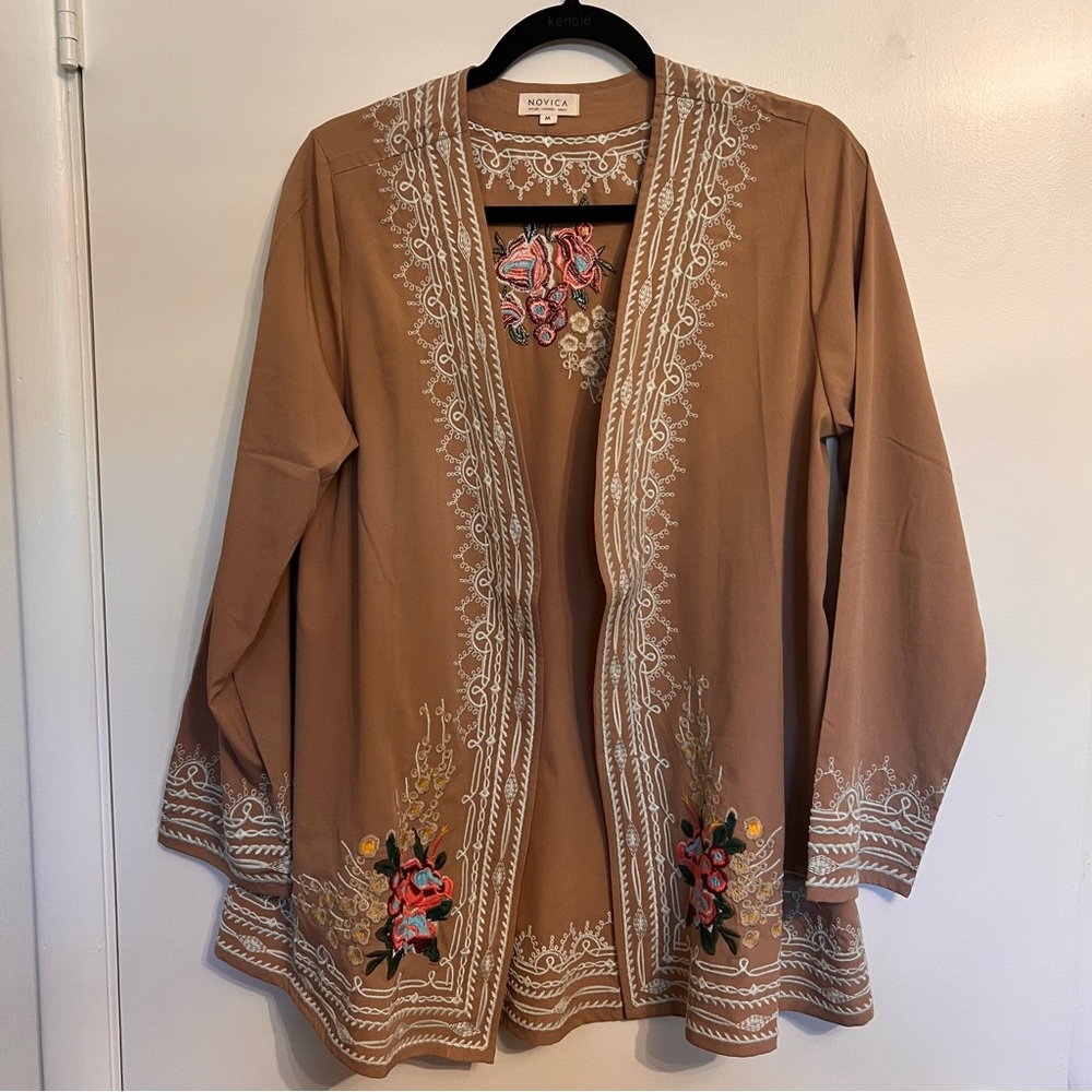 Novica Unicef Mughal Garden Rosewood Floral Embroidered Jacket Kimono M
